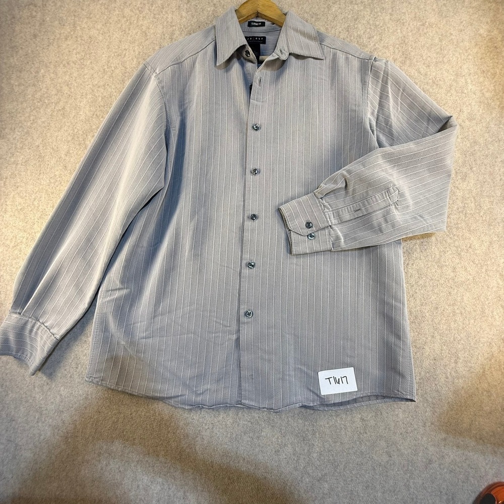 Axcess Claiborne Mens Grey Herringbone Stripe Button Down Shirt Classic Fit M